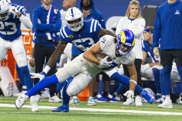 Los Angeles Rams receiver Puka Nacua with one of his nine receptions against the Indianapolis Colts.